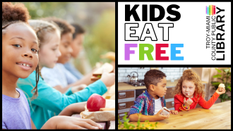 Two panels of kids eating lunch and a third panel says "Kids Eat Free."