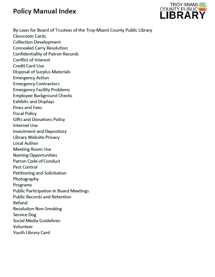 Policy Manual Index on a white background.