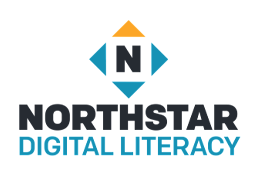 Northstar Digital Literacy logo is a capital N in the center of four triangles, the top triangle is yellow, the other triangles are blue.