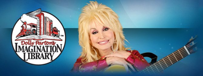 On the left is the Dolly Parton's Imagination Library logo. On the right is Dolly Parton smiling with a guitar. 